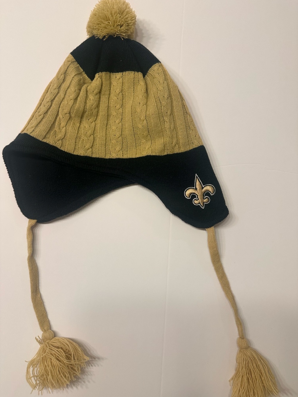 New Orleans Saints NFL Trapper Hat Pom Tassels Black Gold